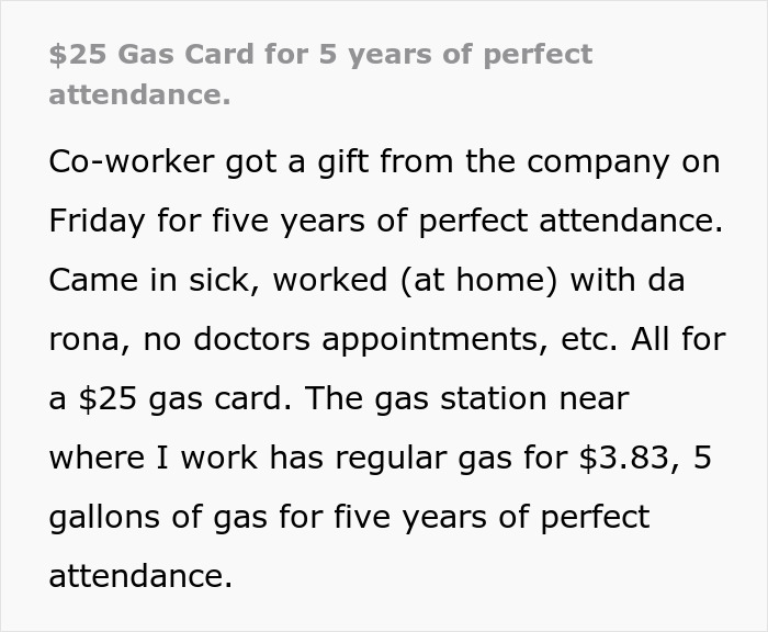 Worker Shares Pathetic Gift Coworker Received For 5-Year Perfect Attendance, Others Chime In Worker Shares Pathetic Gift Coworker Received For 5-Year Perfect Attendance, Others Chime In