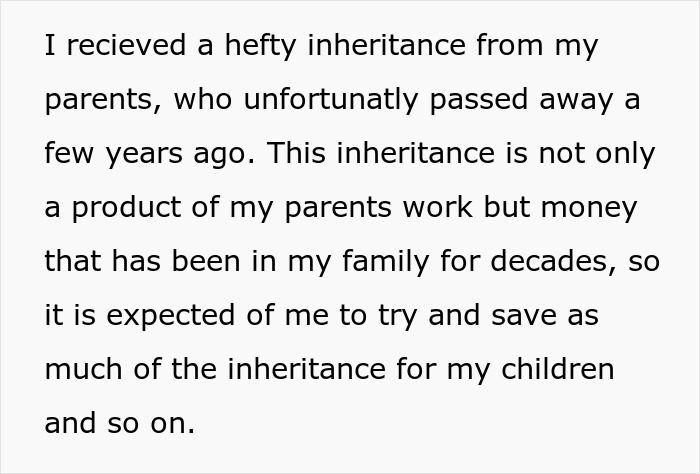 Text on white background about receiving a hefty inheritance and preserving family wealth for future generations.