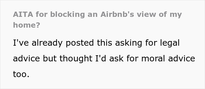 Text-based post about a couple refusing to cut down their hedge for a next-door Airbnb&rsquo;s view and property rules.