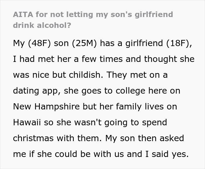 Mom Bans Alcohol For Her Son’s 18-Year-Old Girlfriend, Family Drama Ensues Mom Bans Alcohol For Her Son’s 18-Year-Old Girlfriend, Family Drama Ensues