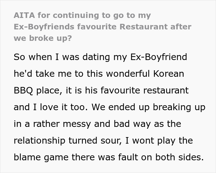 Woman Refuses To Quit Going To Her Ex-BF's Favorite Korean BBQ Place, Asks If She's Wrong