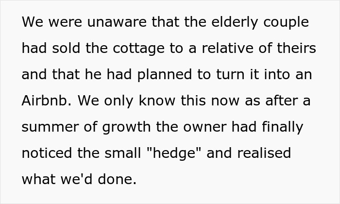 Text discussing a couple refusing to cut down their hedge for the benefit of a next door Airbnb property.