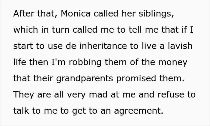 Text showing a dispute over inheritance where kids accuse dad of robbing them for not following traditions.