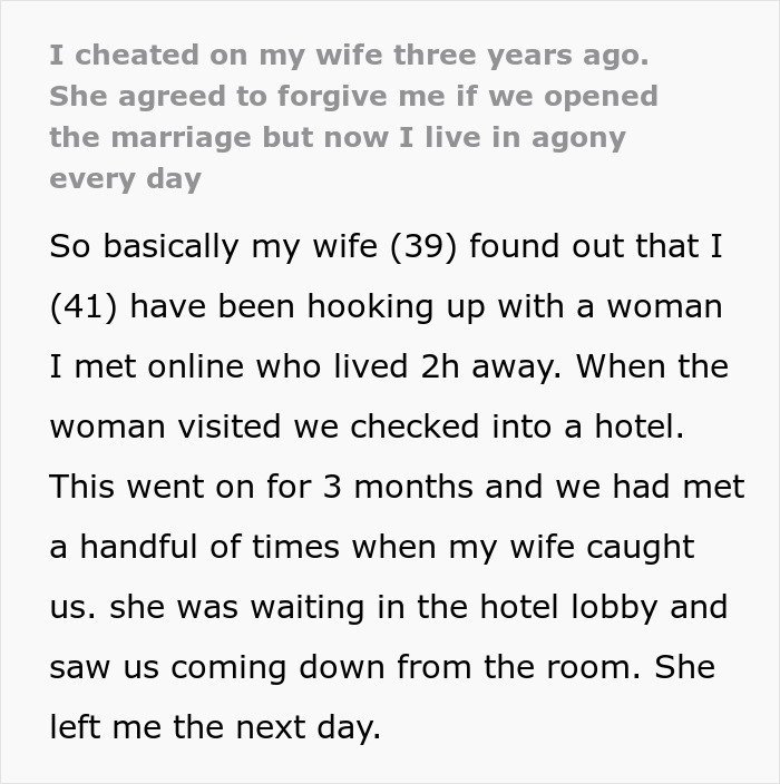 Cheating Husband Gets Caught, Wife Proposes Open Marriage And Now He "Lives In Agony" Every Day