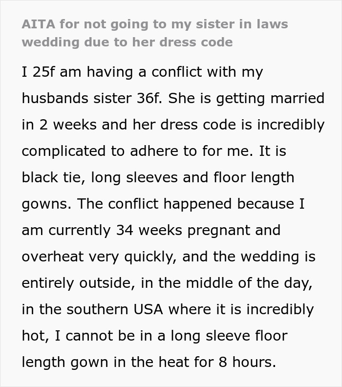 Pregnant Woman Opposes Wedding Dress Code for Her Health, Making Bride-To-Be Furious Pregnant Woman Opposes Wedding Dress Code for Her Health, Making Bride-To-Be Furious