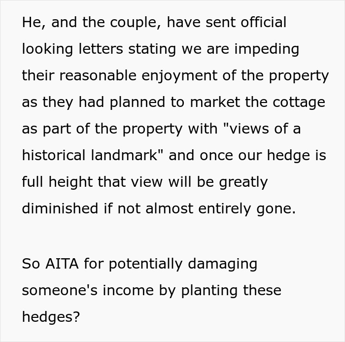 Couple refuses to cut down hedge on their property, affecting next door Airbnb's view and rental marketing plans.