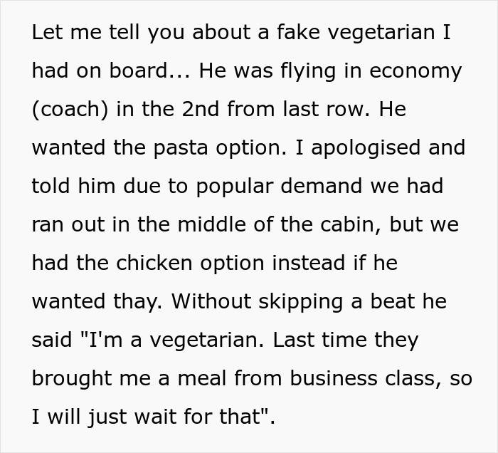 Flight Attendant Maliciously Complies With Fake Vegetarian’s Order, Makes Him Regret His Lies Flight Attendant Maliciously Complies With Fake Vegetarian’s Order, Makes Him Regret His Lies