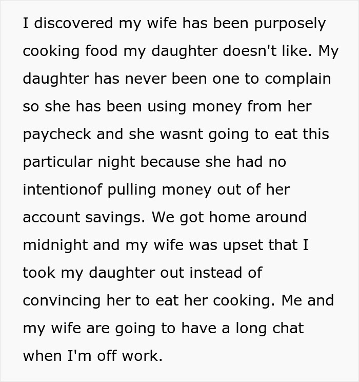 Man Discovers Wife Purposefully Cooks Meals Daughter Won&rsquo;t Eat, Decides On Divorce