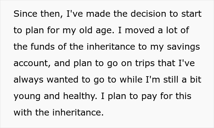 Text excerpt about a dad moving inheritance funds to his savings and planning trips while still young and healthy.