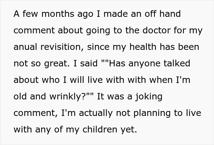 Text excerpt about a dad discussing living arrangements and family traditions, related to inheritance dispute.