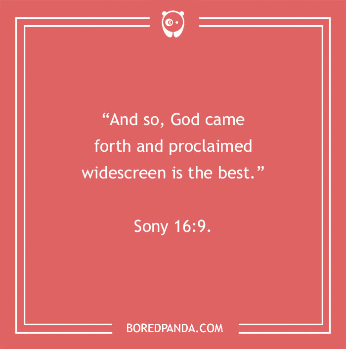 Bible jokes on a red background with a humorous quote about God proclaiming widescreen as the best.