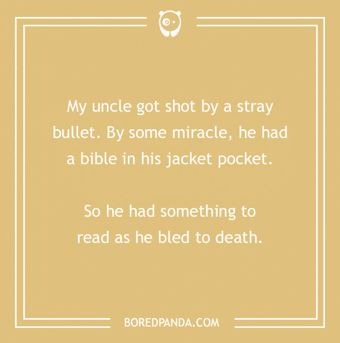 Text joke about a stray bullet and a Bible, featured in a collection of Bible jokes to lift spirits.