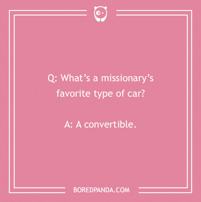 Bible jokes featuring a missionary's favorite car type joke on a pink background with white text and border.
