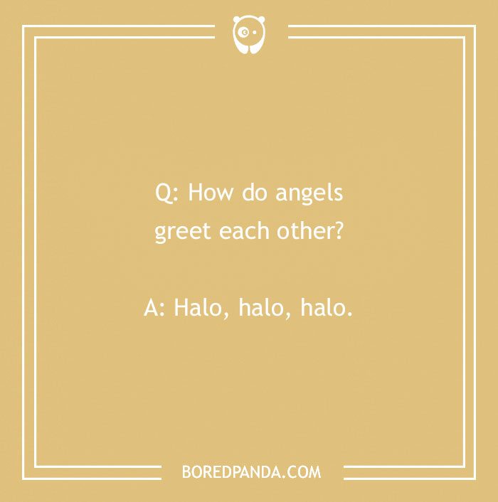 Bible jokes featured with a humorous question and answer about how angels greet each other in a lighthearted style.