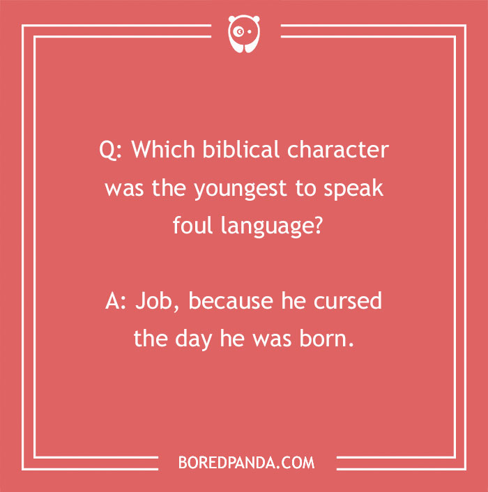 Bible joke about the youngest biblical character to speak foul language with a humorous punchline on a red background.