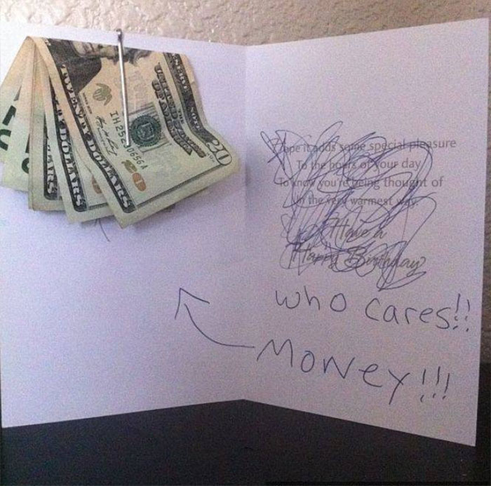 Funny birthday meme with cash in a card, captioned "who cares, money!" for humorous celebration.