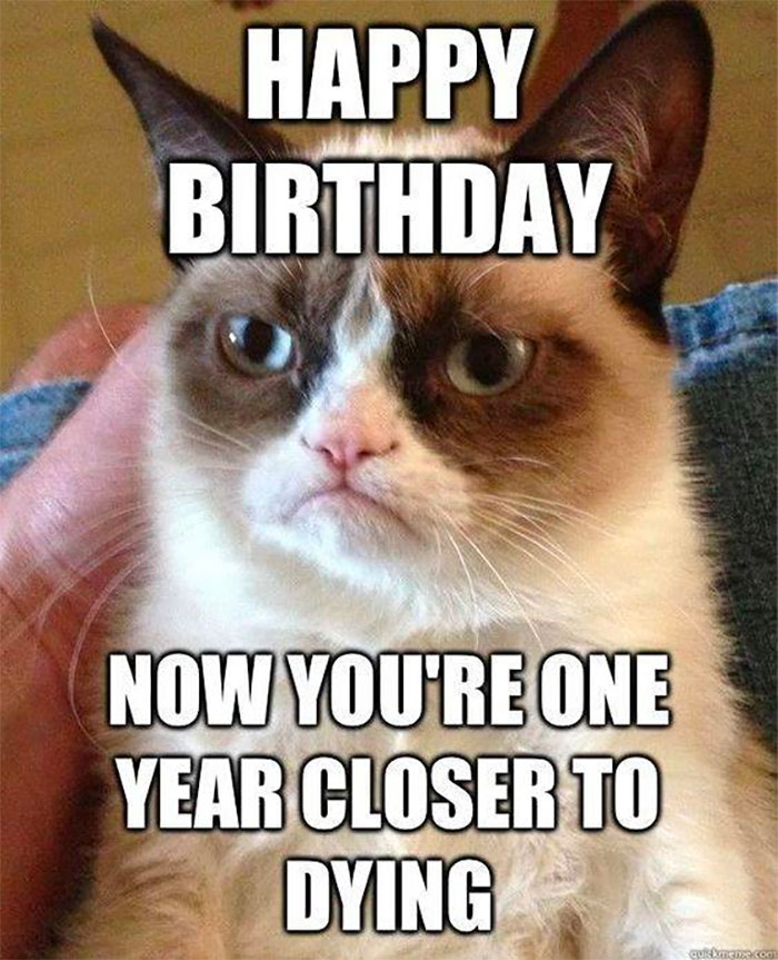 Grumpy cat with text saying "Happy Birthday, now you're one year closer to dying," for a funny birthday meme.