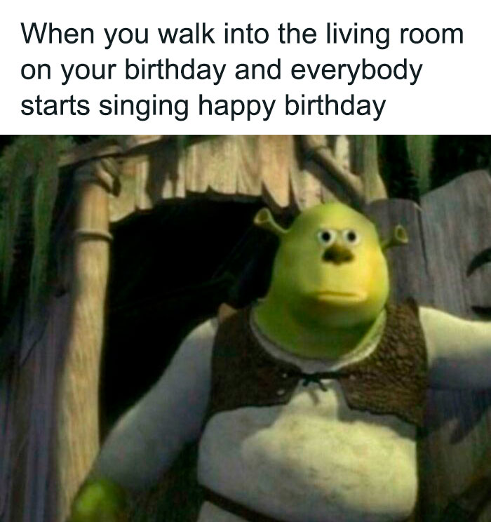Funny birthday meme with a surprised green ogre hearing a birthday song.