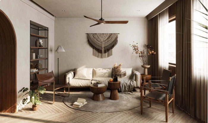Living room featuring boho decor ideas with a cozy couch, brown chairs, plants, and natural wood coffee tables.