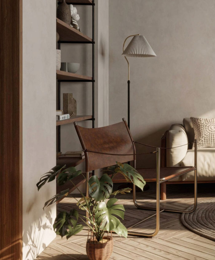 Brown chair styled with a green plant and floor lamp in a cozy living room showcasing boho decor ideas for a chic space.