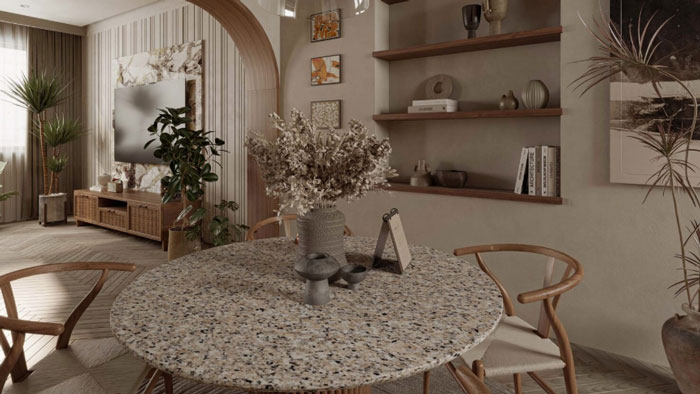 Rounded table with dried flowers and white chairs arranged around showcasing unique boho decor ideas for a chic space.