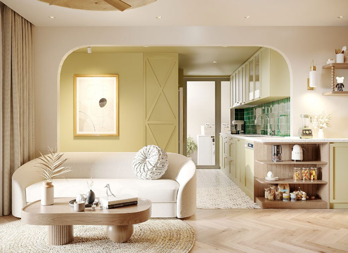 White couch with decorative pillow and wooden coffee table featuring white vase, showcasing unique boho decor ideas for a chic space.