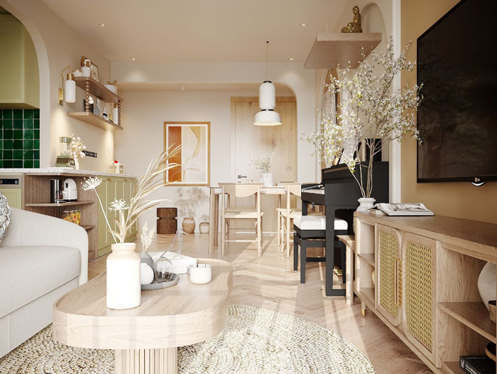 Wooden coffee table with white vase and flowers in a bright living room showcasing unique boho decor ideas.