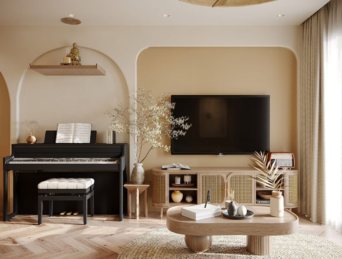 Boho decor living room with piano, wooden coffee table, rattan TV console, and neutral tones for a chic space.