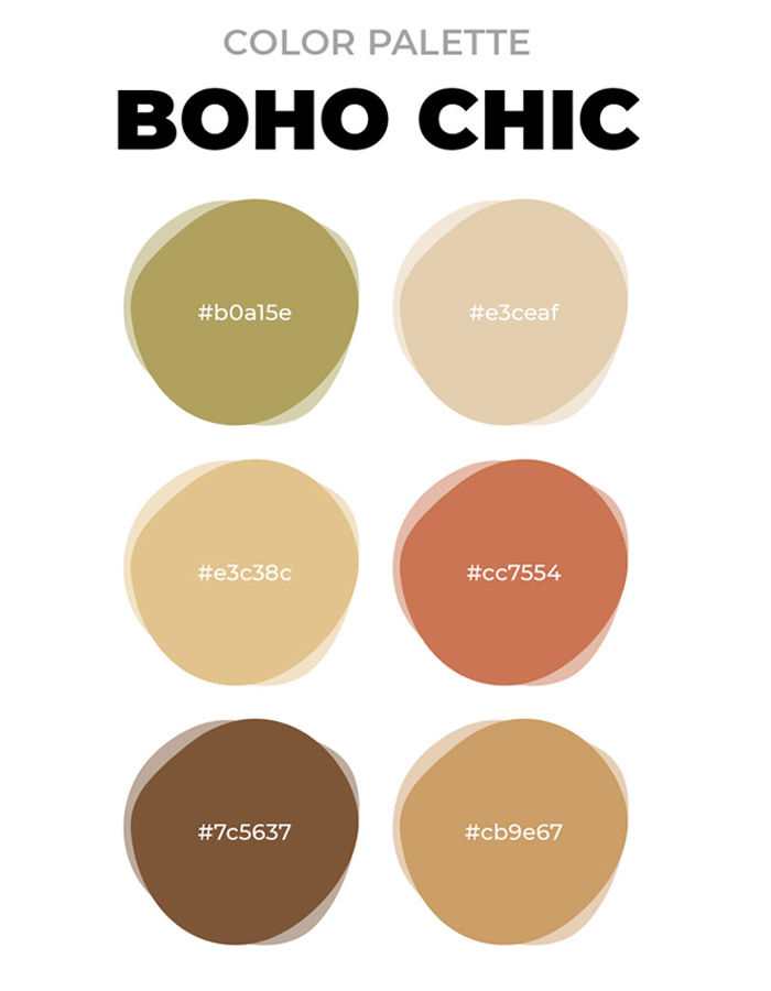 Boho chic color palette featuring earthy tones and warm hues for unique boho decor ideas in a stylish living space