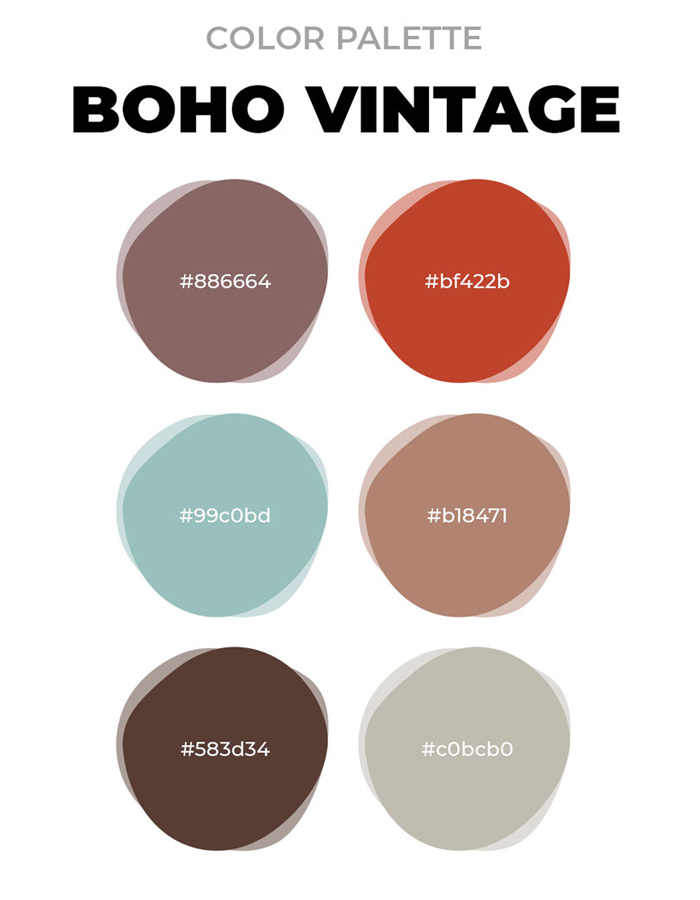Boho vintage color palette with six earthy tones including muted red, teal, brown, and beige for unique boho decor ideas.