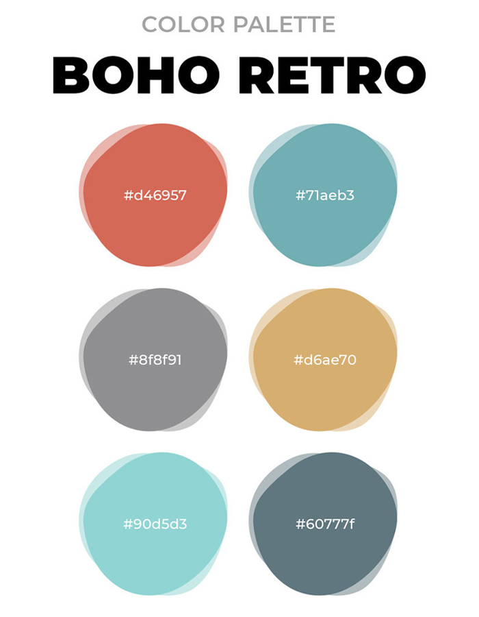 Boho retro color palette featuring six warm and cool tones for unique boho decor ideas and chic space styling.