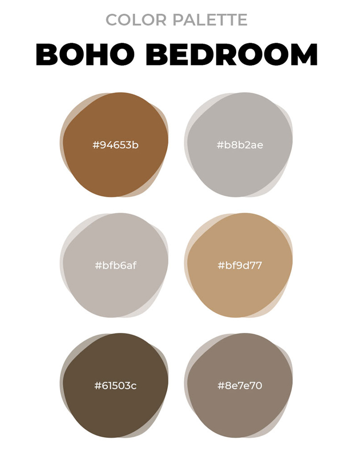Boho bedroom color palette with six earthy tones including browns, beiges, and warm neutral shades for decor inspiration.