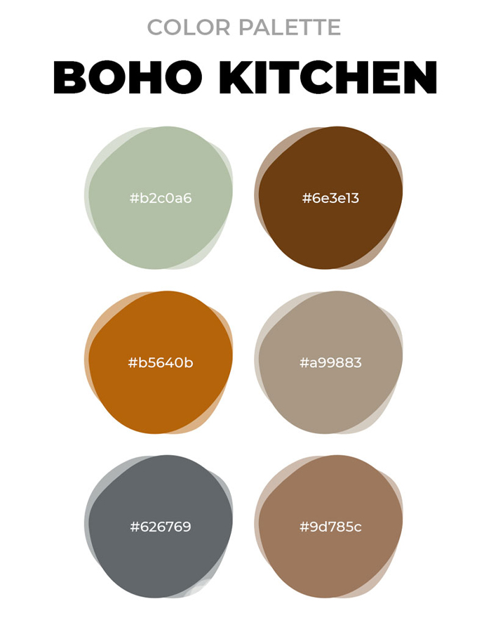 Boho kitchen color palette featuring earth tones and muted shades for unique boho decor ideas in a chic space.