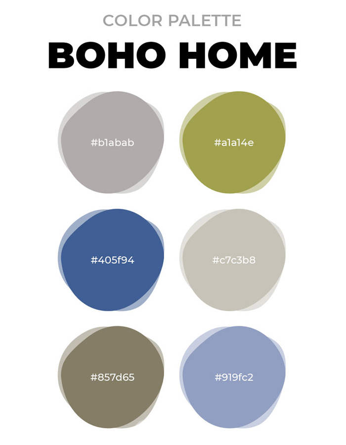 Boho home color palette with six muted earthy tones including greens, blues, and neutrals for unique boho decor ideas.