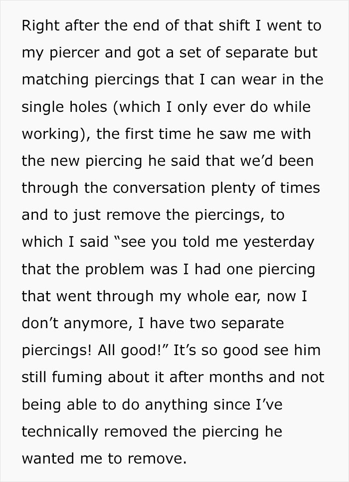 Employee Maliciously Complies With Boss' Stupid "No Piercings" Rule, Setting Him Off For Months