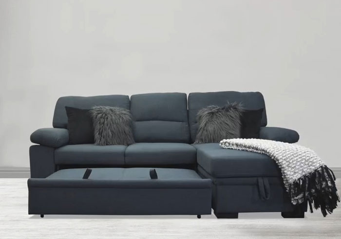 Day gray pull out sofa-bed with plush pillows and throw blanket, a stylish and cheap couch option for budget-friendly living rooms. Day gray pull out sofa-bed with plush pillows and throw blanket, a stylish and cheap couch option for budget-friendly living rooms.