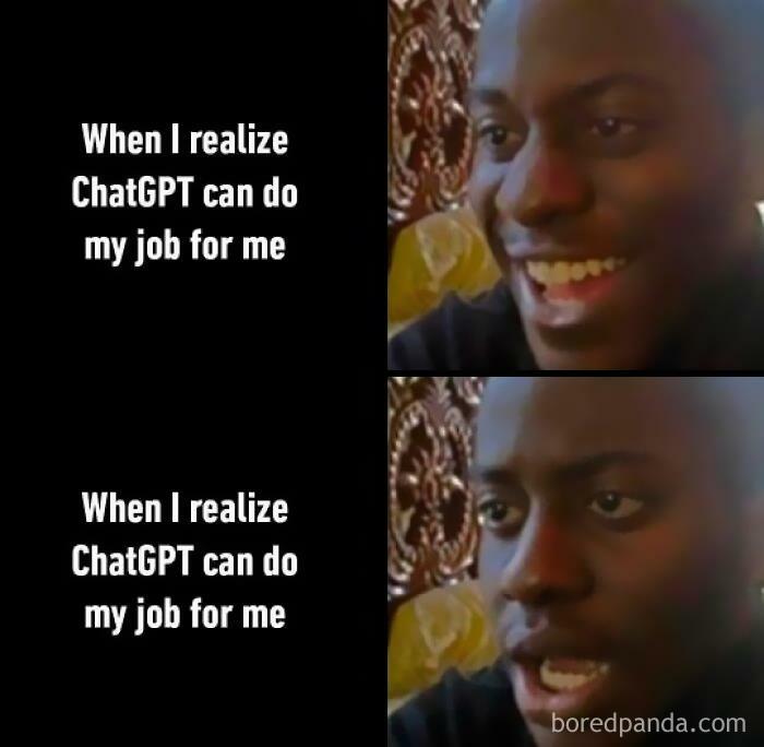 Man with changing expressions realizing ChatGPT can replace his job; funny ChatGPT meme.
