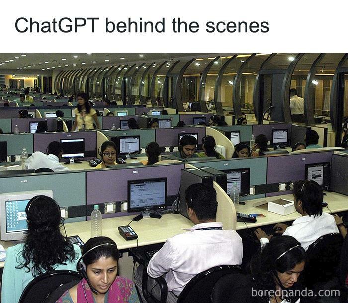 "Office workers at desks with computers, part of a funny ChatGPT meme illustrating AI humor."
