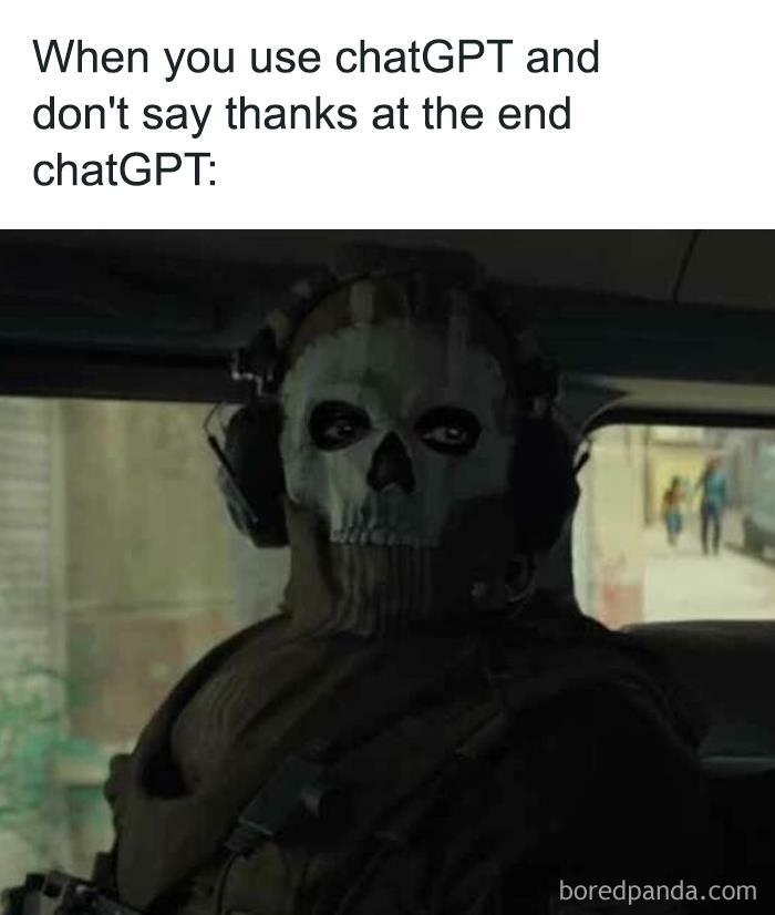 Skull-faced figure in military gear humorously depicting ChatGPT meme about forgetting to say thanks.