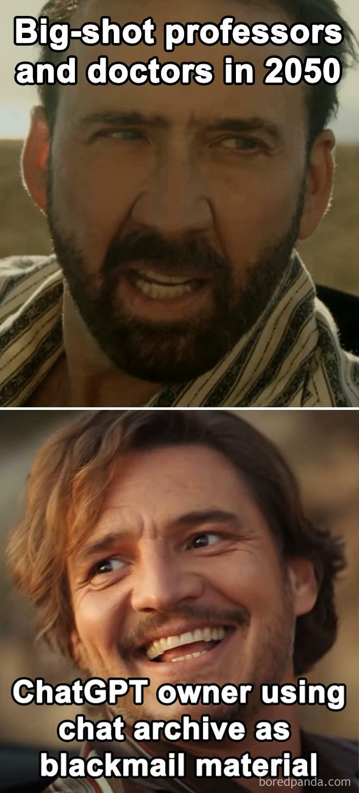 Two scenes depicting a humorous take on ChatGPT memes: one with a serious expression, the other smiling slyly.