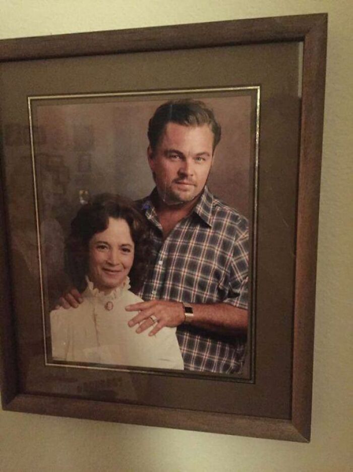 Grandma Put A Magazine Cut Out Of Leonardo Dicaprio Over Her Late (Not So Nice) Husband's Face. The 80+ Year Old's Version Of Photoshop