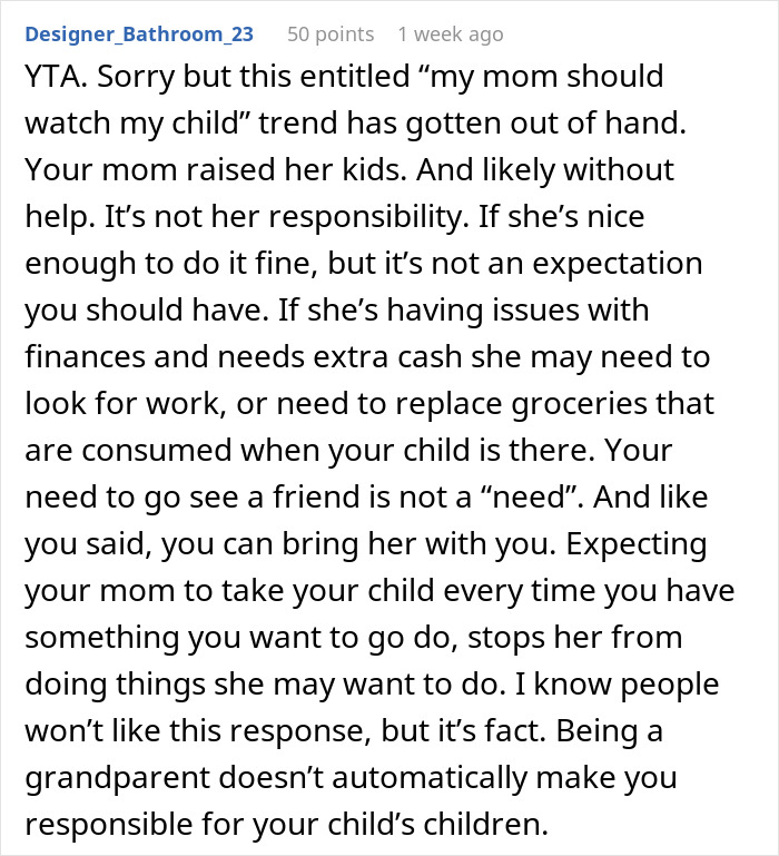 Grandma Refuses To Babysit For Free, Her Daughter Goes Online To Vent