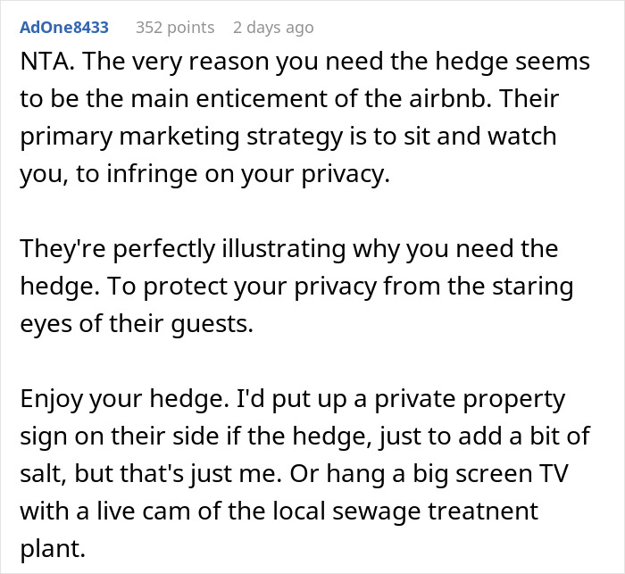 Comment explaining why couple keeps hedge to protect their property privacy from next door Airbnb guests.