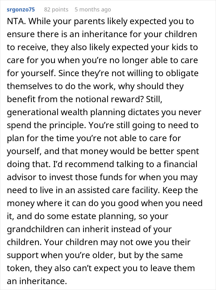 Comment explaining reasons for withholding inheritance from kids who refuse to follow family traditions and obligations.