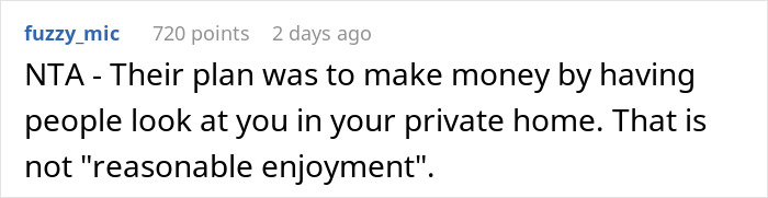 Comment on Reddit discussing a couple refusing to cut down their hedge next door to an Airbnb, emphasizing property rights.