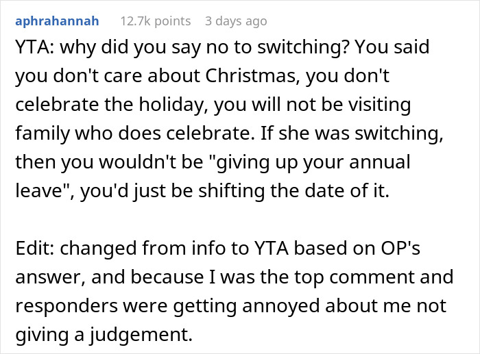Internet Turns On Woman Who Refused To Swap Christmas Leave With Mom For No Reason Internet Turns On Woman Who Refused To Swap Christmas Leave With Mom For No Reason