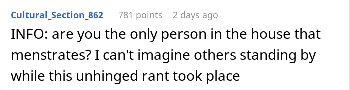 Woman Laughs In Guy's Face After He "Bans" Her From Using The Shower On Her Period Woman Laughs In Guy's Face After He "Bans" Her From Using The Shower On Her Period