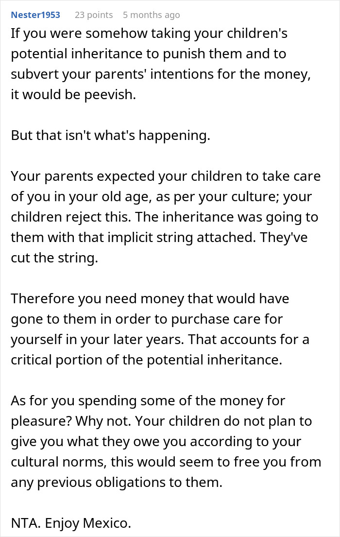 Comment explaining inheritance dispute where dad withholds money as kids refuse to follow family traditions and cultural expectations.