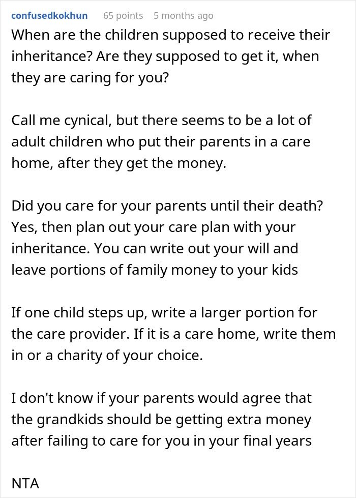 Comment discussing inheritance issues and family care, referencing children refusing traditions and inheritance disputes.