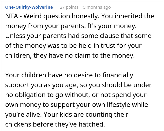 Reddit comment defending dad accused of robbing kids of inheritance over refusal to follow family traditions.